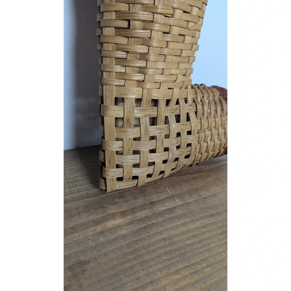 N. Wells‎ Signed Hand Woven Wood Splint Boot Stocking Basket Wall Pocket Rustic
